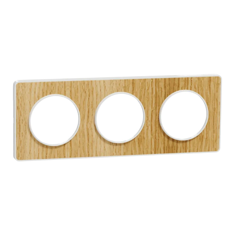 Odace Touch - plaque 3 postes horiz/vert 71mm bois naturel avec liseré blanc