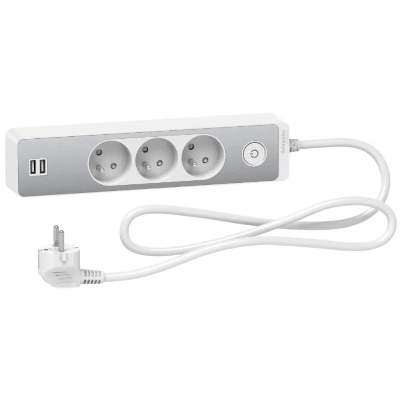 Odace - Rallonge multiprises 3 prises 2P+T - blanche/aluminium - 2USB - 1,5m