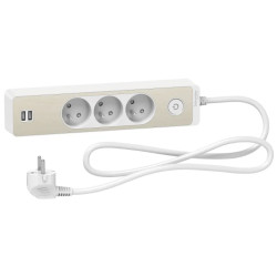 Odace - Rallonge multiprises 3 prises 2P+T - blanche/bois - 2USB - 1,5m