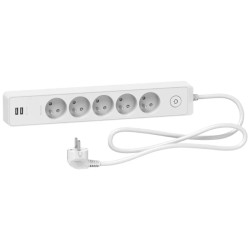 Odace - Rallonge multiprises 5 prises 2P+T - blanche - 2USB - 1,5m