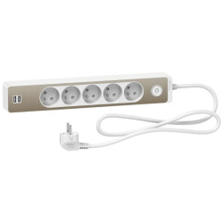 Odace - Rallonge multiprises 5 prises 2P+T - blanche/bronze - 2USB - 1,5m