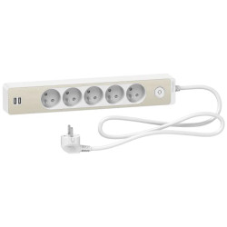 Odace - Rallonge multiprises 5 prises 2P+T - blanche/bois - 2USB - 1,5m