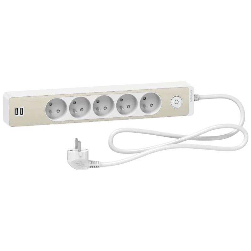 Odace - Rallonge multiprises 5 prises 2P+T - blanche/bois - 2USB - 1,5m