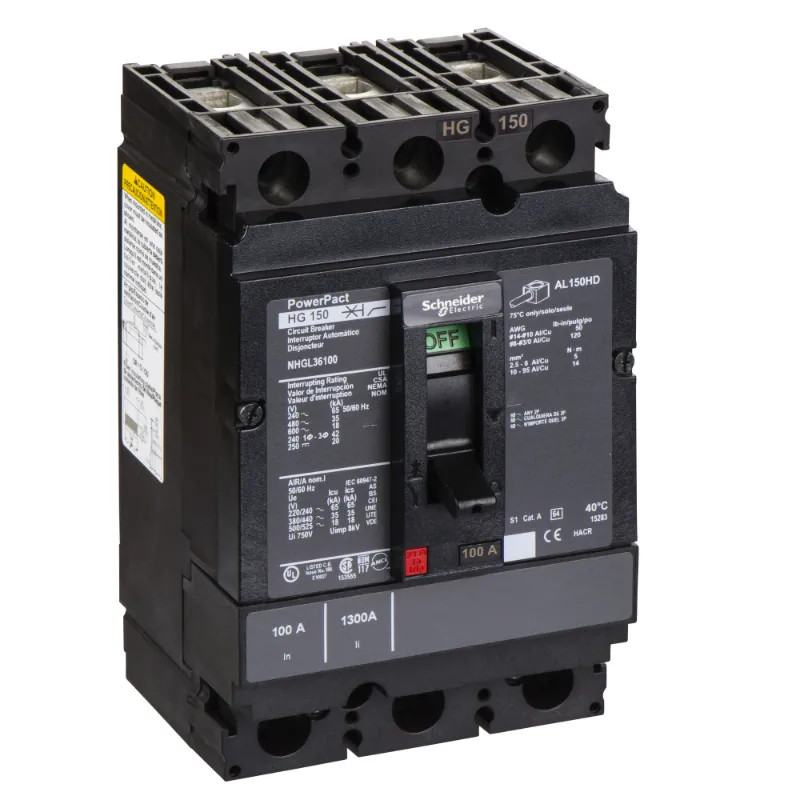 PowerPact H - disjoncteur 150A - avec bornes - 35kA - TMD - 100A - 3P 3d