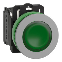 Harmony XB5 - bouton poussoir lum - Ø22 - col flush grise - vert - 1O+1F - 24V